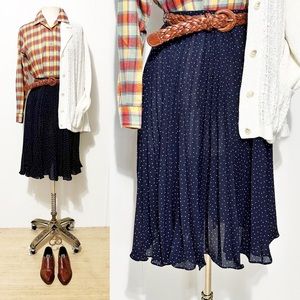 90s Navy & White Polkadot Pleated Midi Skirt | Vintage